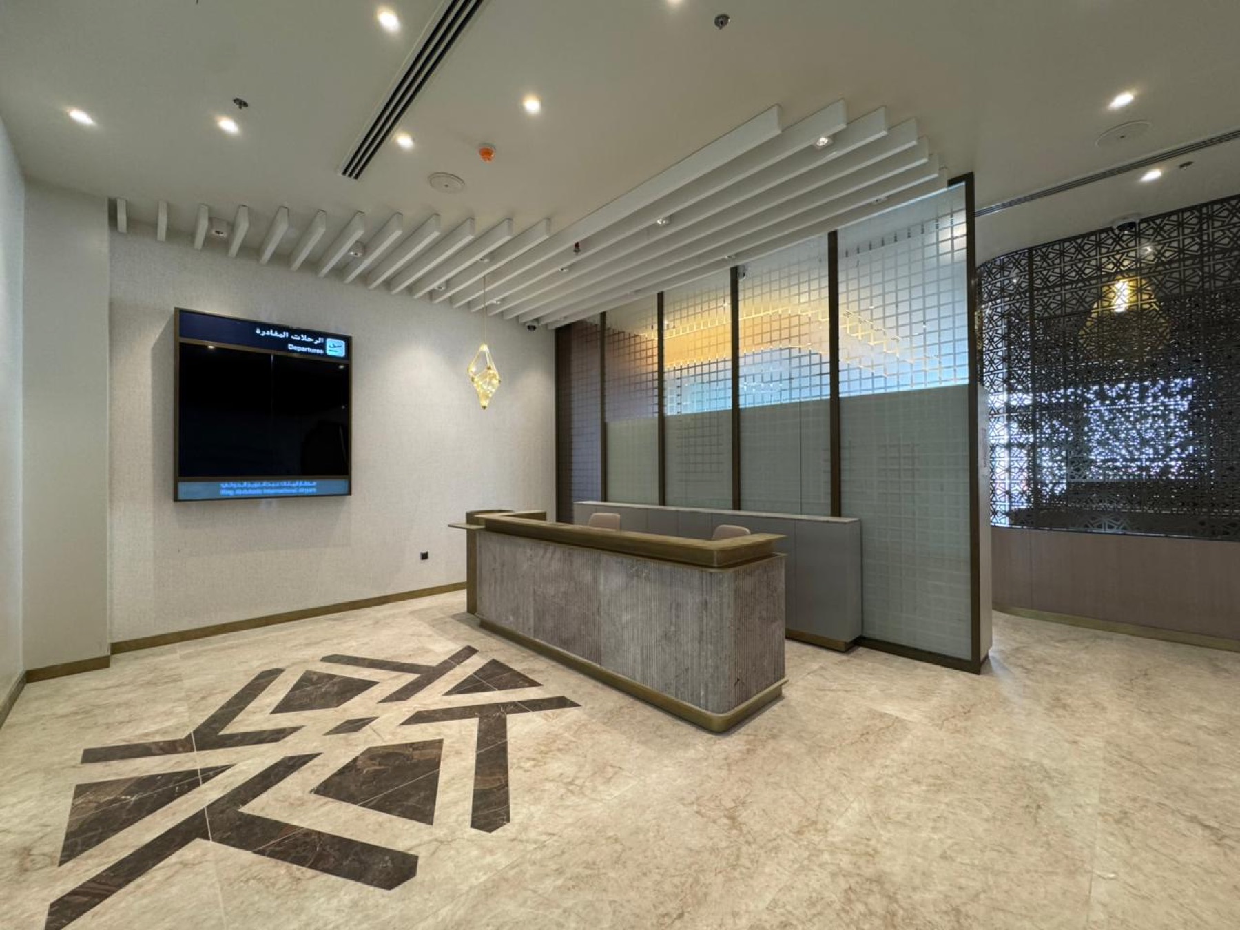 Reception with geometric marble floor
