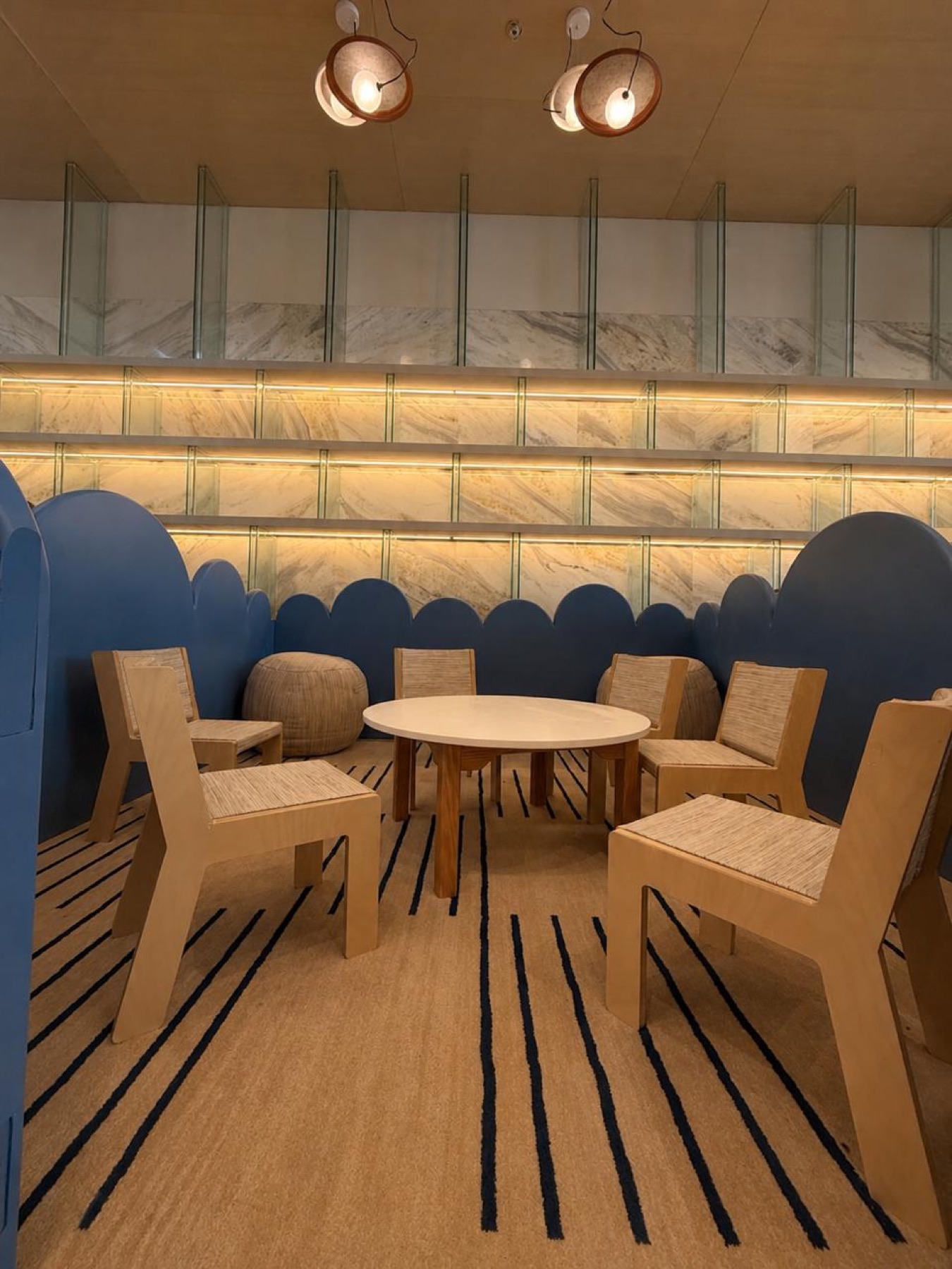 Blue scalloped family booth