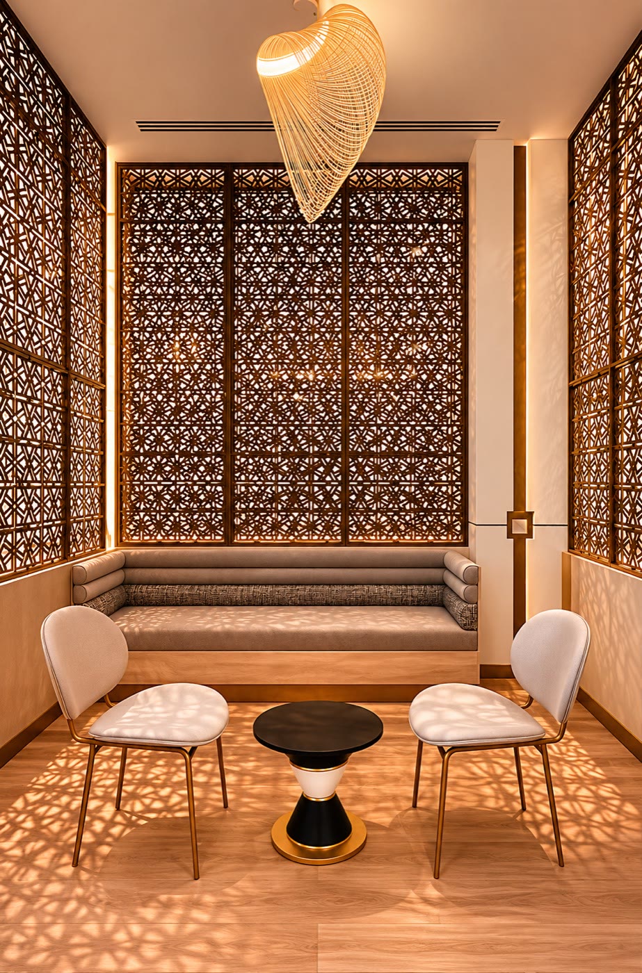 Golden mashrabiya screen at dusk